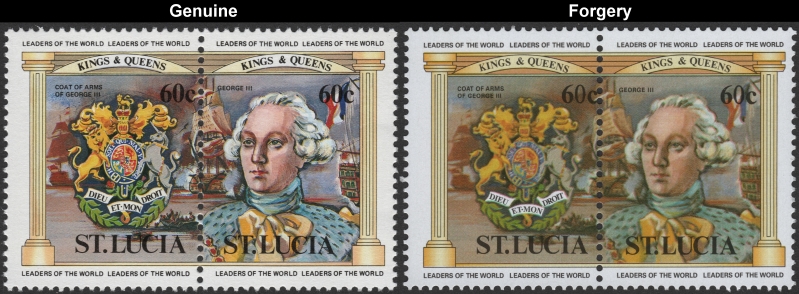 Saint Lucia 1984 British Monarchs 60c King George III and Coat of Arms Fake with Original 60c Stamp Comparison