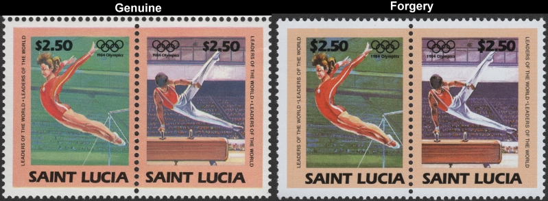 Saint Lucia 1984 Olympic Games Fake with Original $2.50 Stamp Pair Comparison