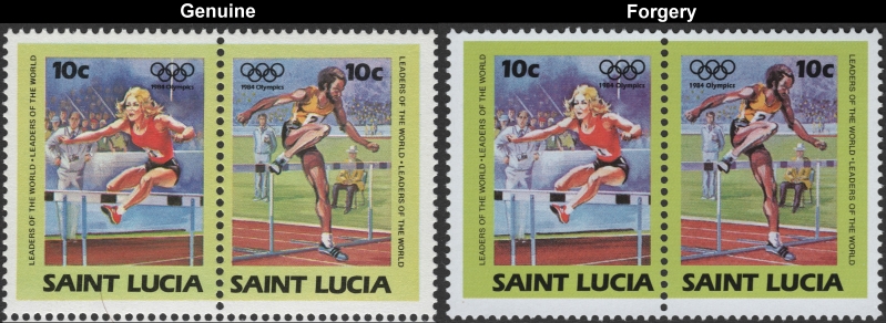 Saint Lucia 1984 Olympic Games Fake with Original 10c Stamp Pair Comparison