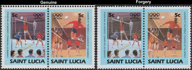 Saint Lucia 1984 Olympic Games Fake with Original 5c Stamp Pair Comparison