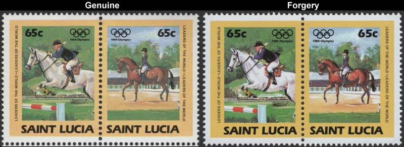 Saint Lucia 1984 Olympic Games Fake with Original 65c Stamp Pair Comparison