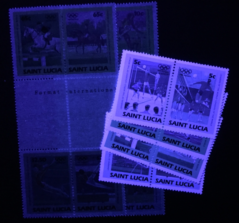 Saint Lucia 1984 Leaders of the World Summer Olympic Games Comparison of Forgeries with Genuine Stamps Under Ultra-violet Light