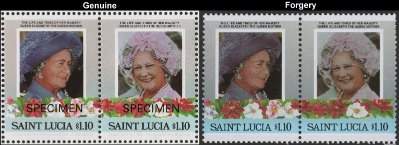 Saint Lucia 1985 Leaders of the World Queen Elizabeth 85th Birthday $1.10 Forgery Stamp Pair with Genuine Stamp Pair Comparison