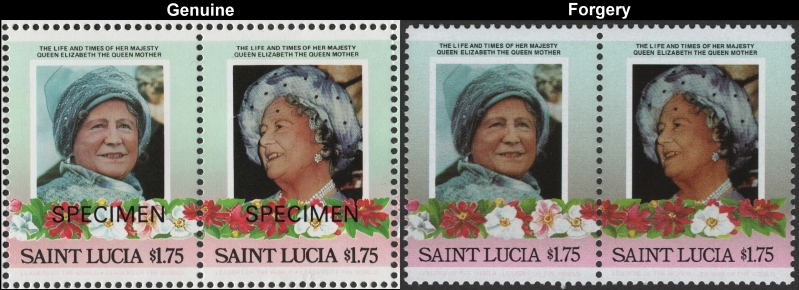 Saint Lucia 1985 Leaders of the World Queen Elizabeth 85th Birthday $1.75 Forgery Stamp Pair with Genuine Stamp Pair Comparison