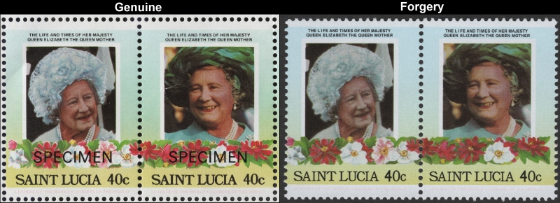 Saint Lucia 1985 Leaders of the World Queen Elizabeth 85th Birthday 40c Forgery Stamp Pair with Genuine Stamp Pair Comparison