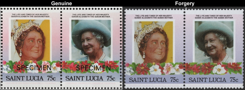 Saint Lucia 1985 Leaders of the World Queen Elizabeth 85th Birthday 75c Forgery Stamp Pair with Genuine Stamp Pair Comparison