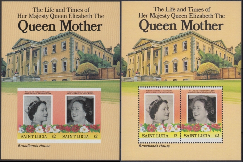 Saint Lucia 1985 85th Birthday Fake with Original Souvenir Sheet Comparison
