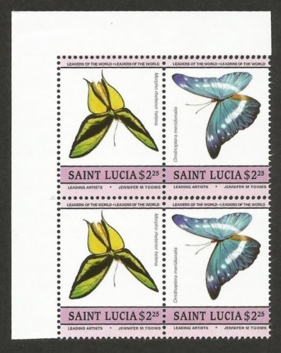 Saint Lucia 1985 Leaders of the World Butterflies Inverted Frame Error Forgery Upper Left Corner Block