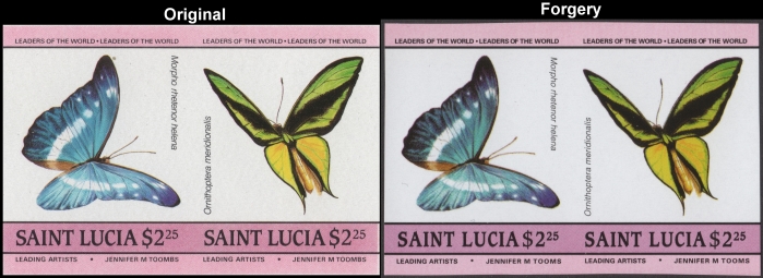 Saint Lucia 1985 Butterflies Fake with Original $2.25 Stamp Comparison