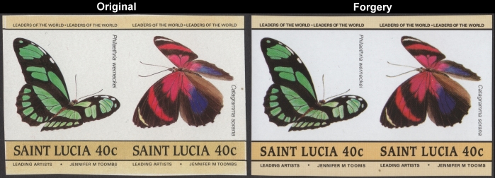 Saint Lucia 1985 Butterflies Fake with Original 40c Stamp Comparison