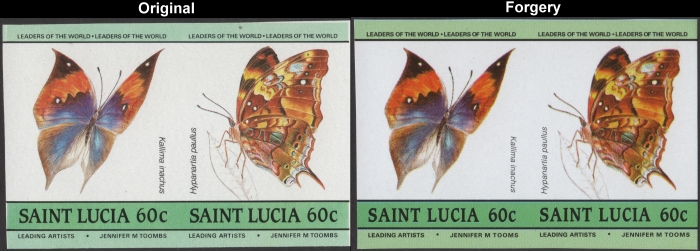 Saint Lucia 1985 Butterflies Fake with Original 60c Stamp Comparison