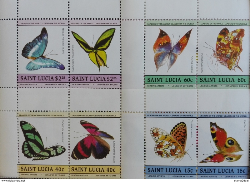 Saint Lucia 1985 Leaders of the World Butterflies Original print Upper Left Stamp Pair Corners