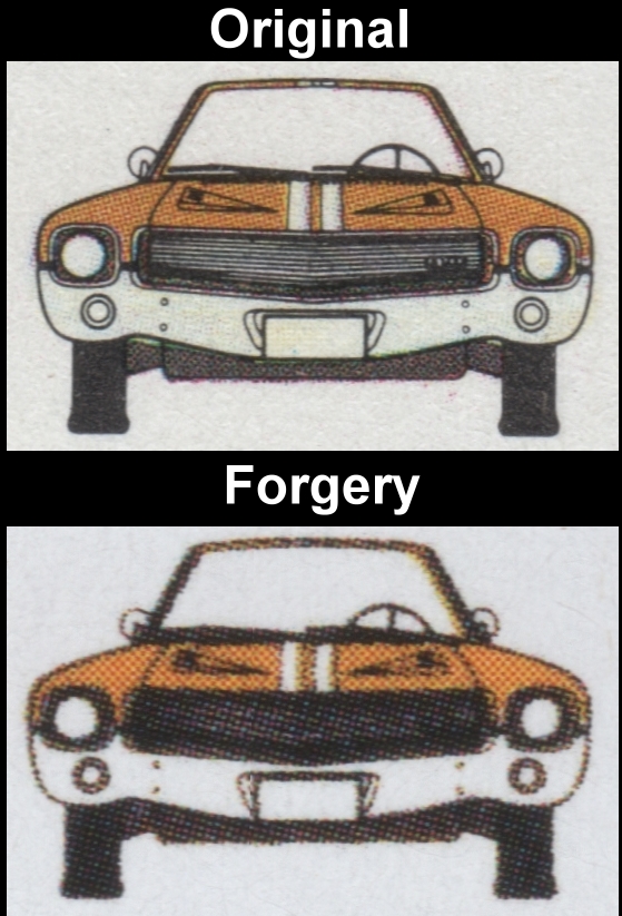 Saint Lucia 1986 Automobiles 20c Fake with Original Comparison of the Front View of Car on the Detail Drawing