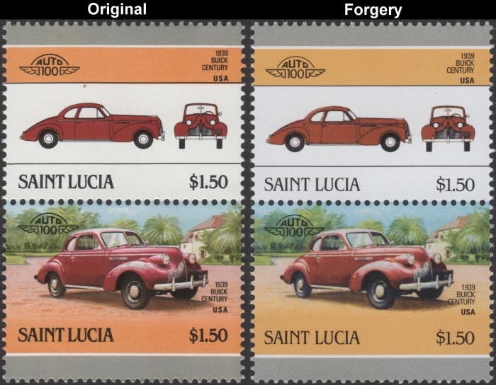 Saint Lucia 1986 Automobiles Buick Century Fake with Original $1.50 Stamp Comparison