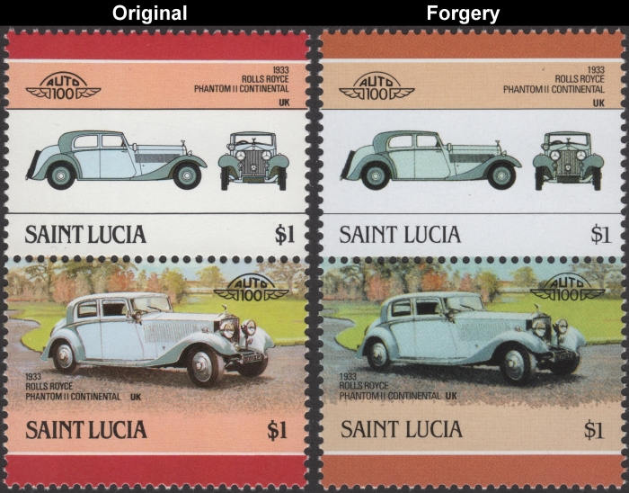 Saint Lucia 1986 Automobiles Rolls Royce Phantom II Continental Fake with Original $1 Stamp Comparison