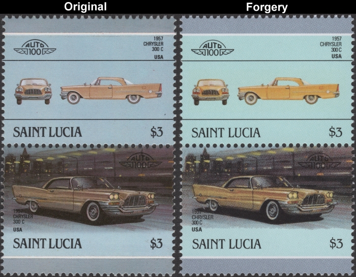 Saint Lucia 1986 Automobiles Chrysler 300 C Fake with Original $3 Stamp Comparison