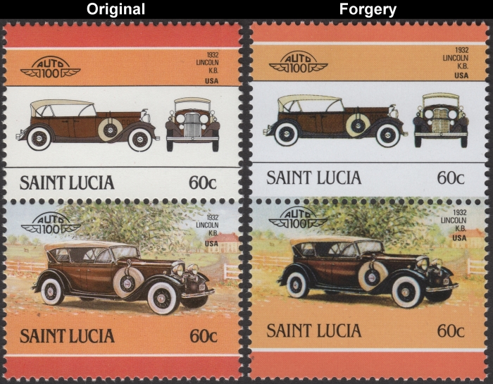 Saint Lucia 1986 Automobiles Lincoln K.B. Fake with Original 60c Stamp Comparison