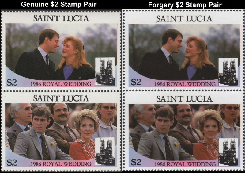 Saint Lucia 1986 Royal Wedding Fake with Original $2 Stamp Pair Comparison