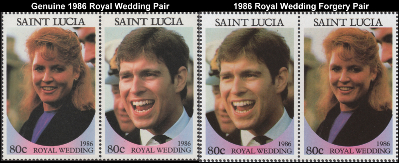 Saint Lucia 1986 Royal Wedding Fake with Original 80c Stamp Pair Comparison