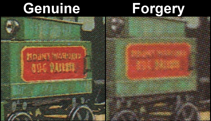 Saint Lucia 1986 Trains Locomotives 5c Fake with Original Screen and Color Comparison of the Tiptop Coal Car Sign
