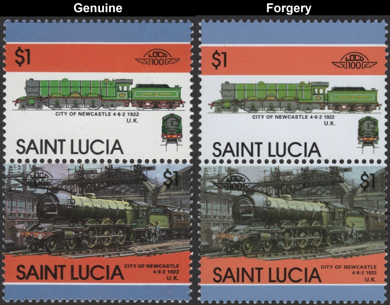 Saint Lucia 1986 Locomotives 1922 City of Newcastle Forgery with Original $1 Stamp Comparison