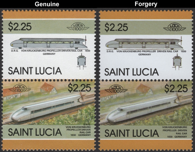 Saint Lucia 1986 Locomotives 1930 Von Kruckenburg Forgery with Original $2.25 Stamp Comparison