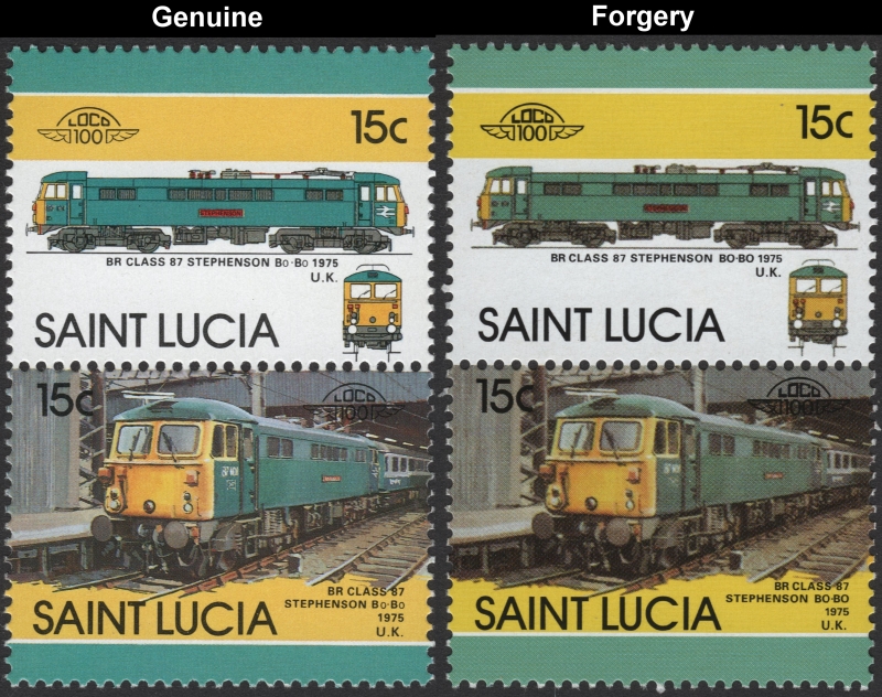Saint Lucia 1986 Locomotives 1975 Br Class 87 Stephenson Bo-Bo Forgery with Original 15c Stamp Comparison