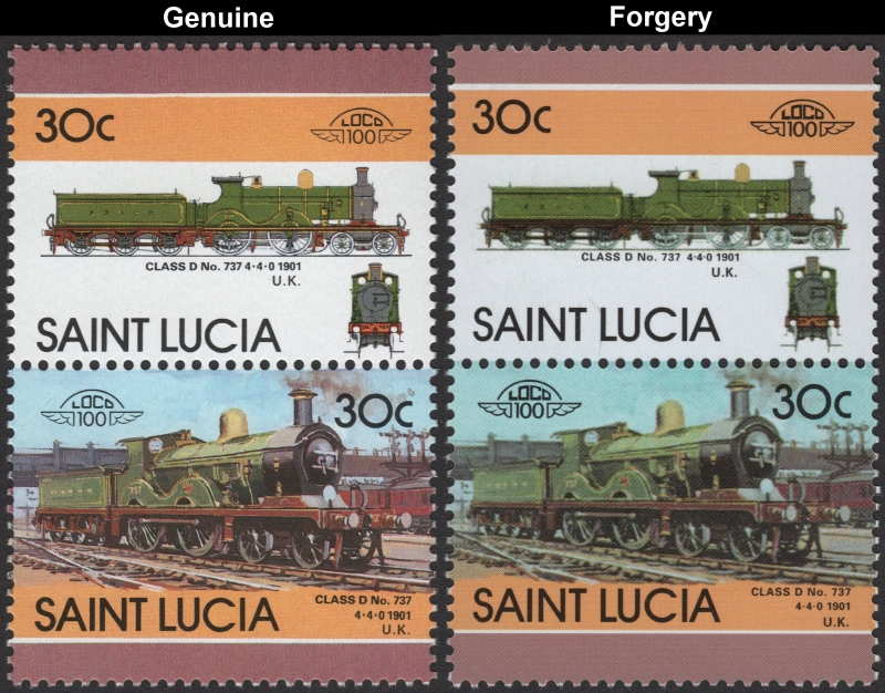 Saint Lucia 1986 Locomotives 1901 Class D No. 737 Forgery with Original 30c Stamp Comparison