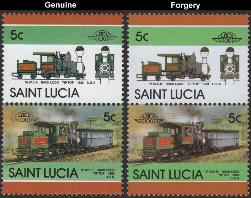 Saint Lucia 1986 Locomotives 1983 Rack Loco Tiptop Forgery with Original 5c Stamp Comparison