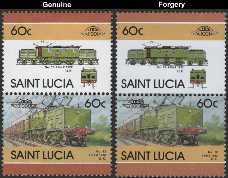 Saint Lucia 1986 Locomotives 1922 No. 13 Forgery with Original 60c Stamp Comparison