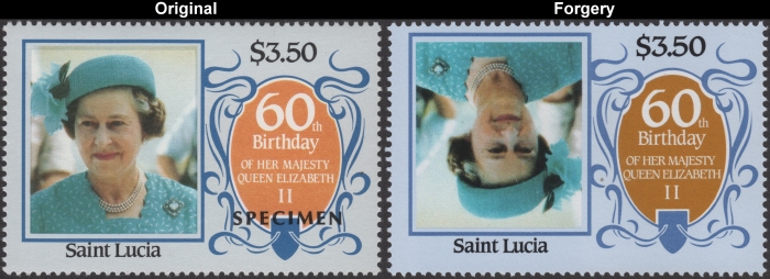 1986 60th Birthday of Queen Elizabeth Fake invert with Original $3.50 Stamp Comparison