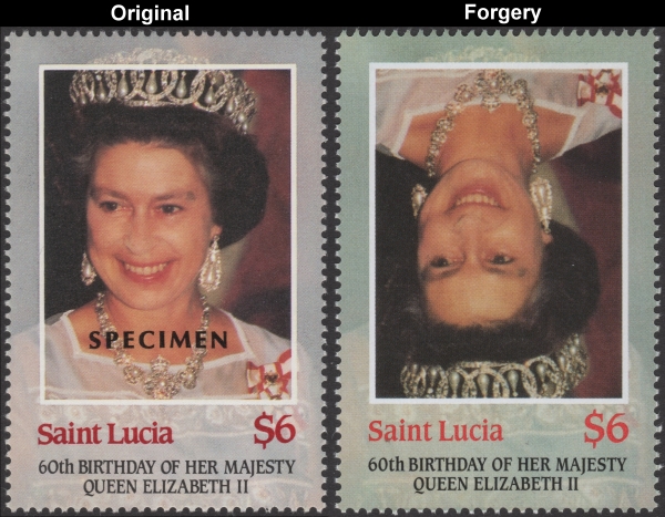 1986 60th Birthday of Queen Elizabeth Fake invert with Original $6 Stamp Comparison