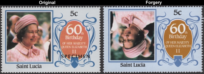 1986 60th Birthday of Queen Elizabeth Fake invert with Original 5c Stamp Comparison
