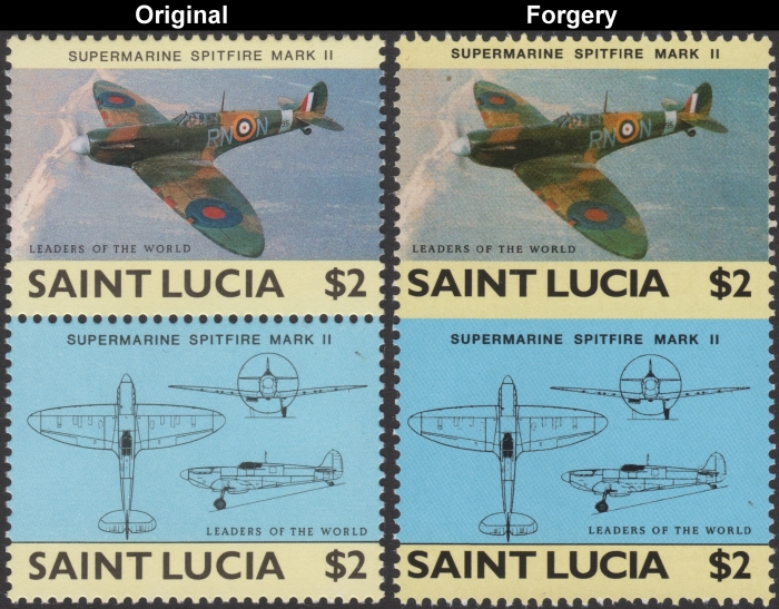 Saint Lucia 1985 Military Aircraft Supermarine Spitfire Mark II Fake with Original $2 Stamp Comparison