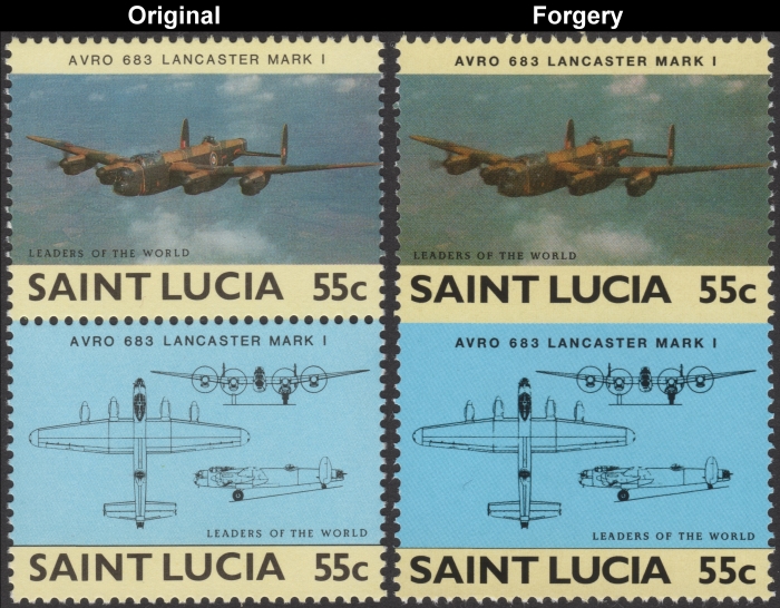 Saint Lucia 1985 Military Aircraft Avro 683 Lancaster Mark I Fake with Original 55c Stamp Comparison