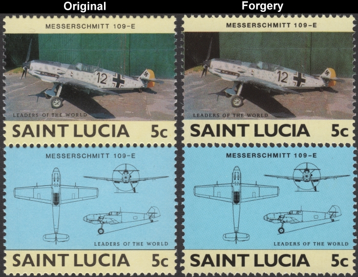Saint Lucia 1985 Military Aircraft Messerschmitt 109-E Fake with Original 5c Stamp Comparison