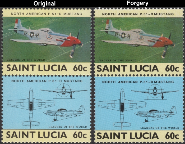 Saint Lucia 1985 Military Aircraft North American P.51-D Mustang Fake with Original 60c Stamp Comparison