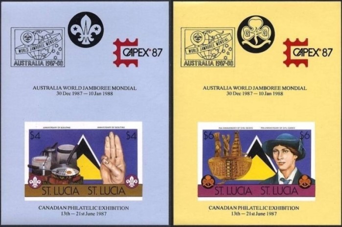 1986 Girl Guides and Boy Scouts of America Imperforate Souvenir Sheets with Unauthorized CAPEX 87 and AUSTRALIA WORLD JAMBOREE Overprints