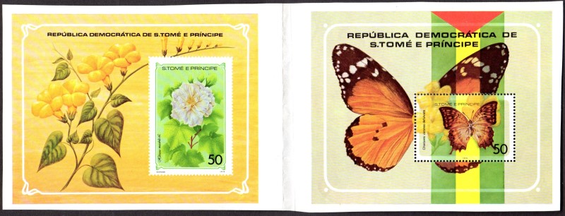 1979 Saint Thomas and Prince Islands Flowers and Butterflies Souvenir Sheets attached and Imperforate Between from the Unique Press Sheet (1 exists)
