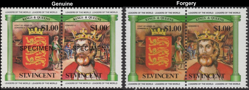 Saint Vincent 1984 British Monarchs $1.00 King Edward II and His Coat of Arms Fake with Original $1.00 Stamp Comparison