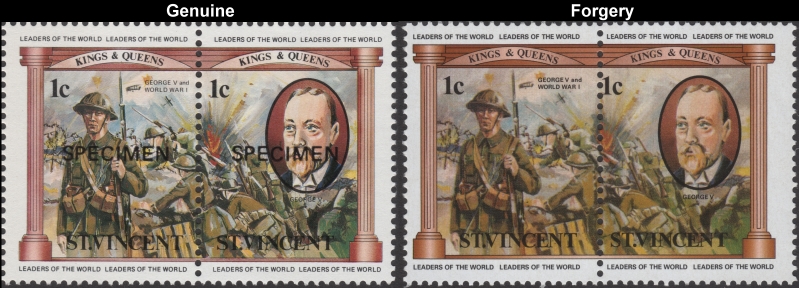 Saint Vincent 1984 British Monarchs 1c King George V and World War I Fake with Original 1c Stamp Comparison