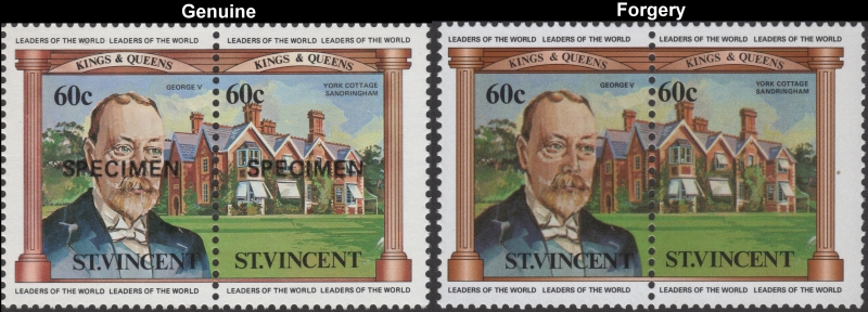 Saint Vincent 1984 British Monarchs 60c King George V and York Cottage Sandringham Fake with Original 60c Stamp Comparison