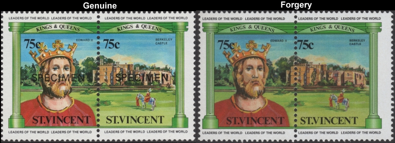 Saint Vincent 1984 British Monarchs 75c King Edward II and Berkeley Castle Fake with Original 75c Stamp Comparison
