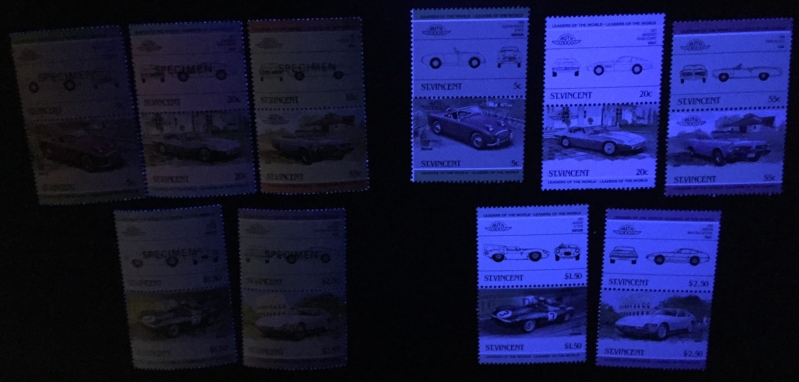 Saint Vincent 1984 2nd Series Automobiles Comparison of Forgeries with Genuine Stamps Under Ultra-violet Light
