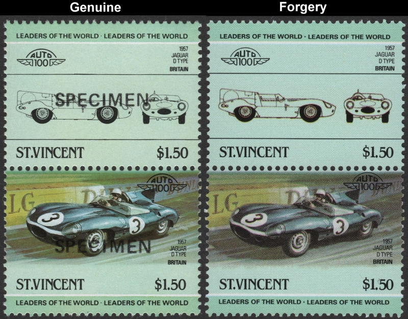 Saint Vincent 1984 Automobiles $1.50 Jaguar D Type Stamp Forgery with Genuine $1.50 Stamp Comparison