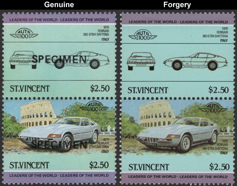 Saint Vincent 1984 Automobiles $2.50 Ferrari 365 GTB4 Daytona Stamp Forgery with Genuine $2.50 Stamp Comparison