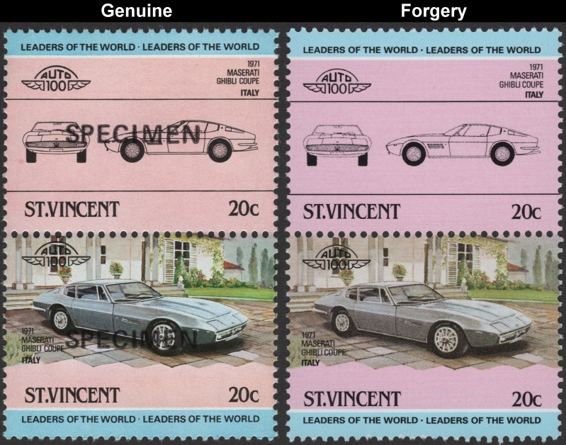 Saint Vincent 1984 Automobiles 20c Maserati Ghibli Coupe Stamp Forgery with Genuine 20c Stamp Comparison