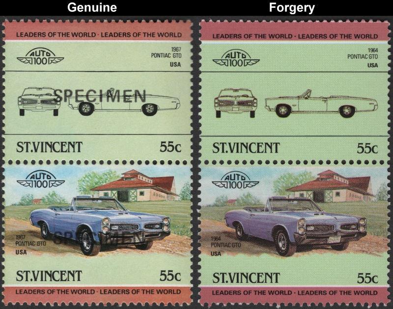 Saint Vincent 1984 Automobiles 55c Pontiac GTO Stamp Forgery with Genuine 55c Stamp Comparison
