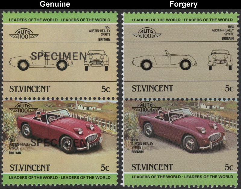 Saint Vincent 1984 Automobiles 5c Austin-Healey Stamp Forgery with Genuine 5c Stamp Comparison