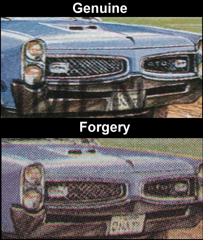 Saint Vincent 1984 Automobiles 55c Forgery with Genuine Screen and Color Comparison of the Front of the Pontiac GTO